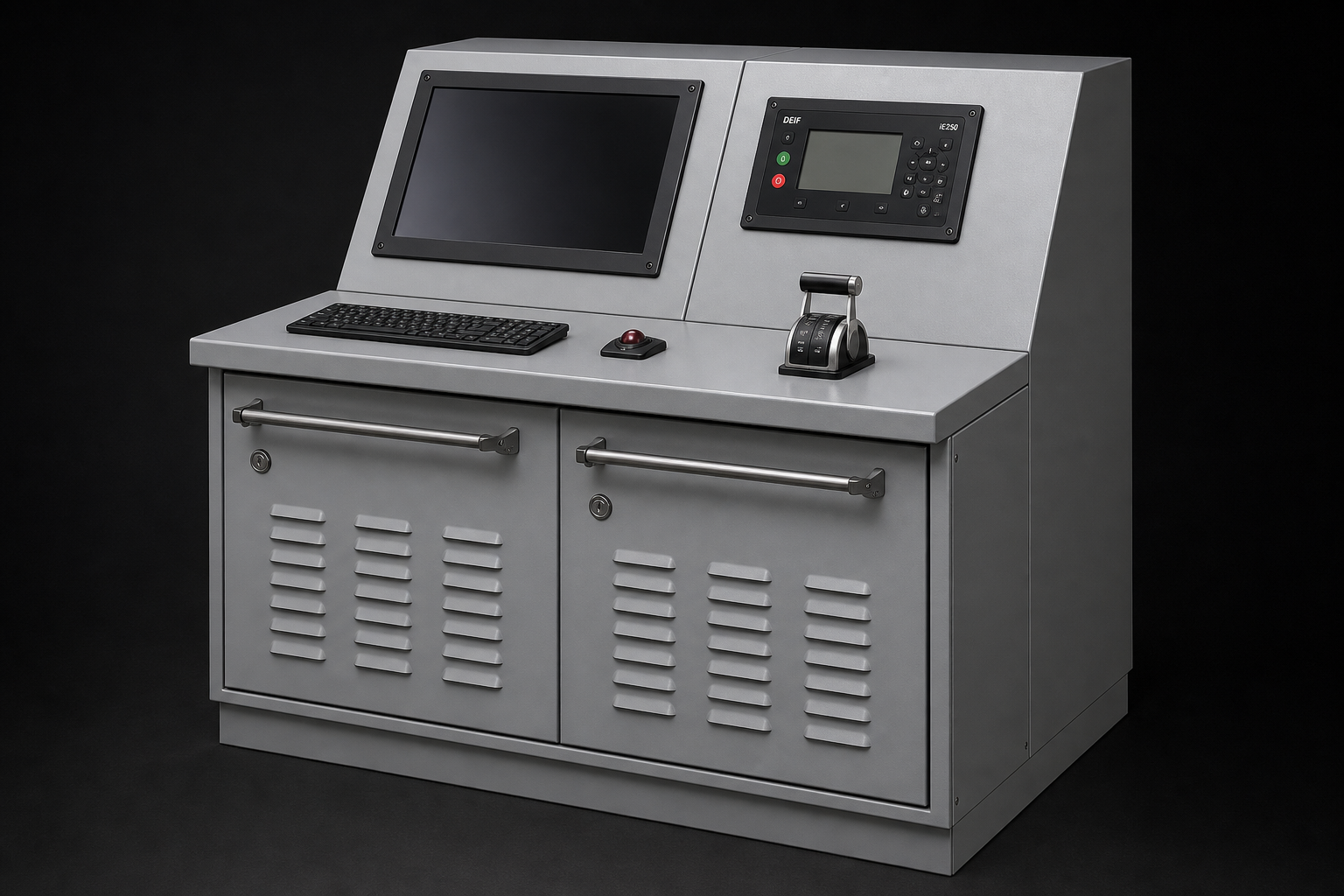 2-bay propulsion control console with DEIF iE250 Marine display, lever, keyboard, and trackball