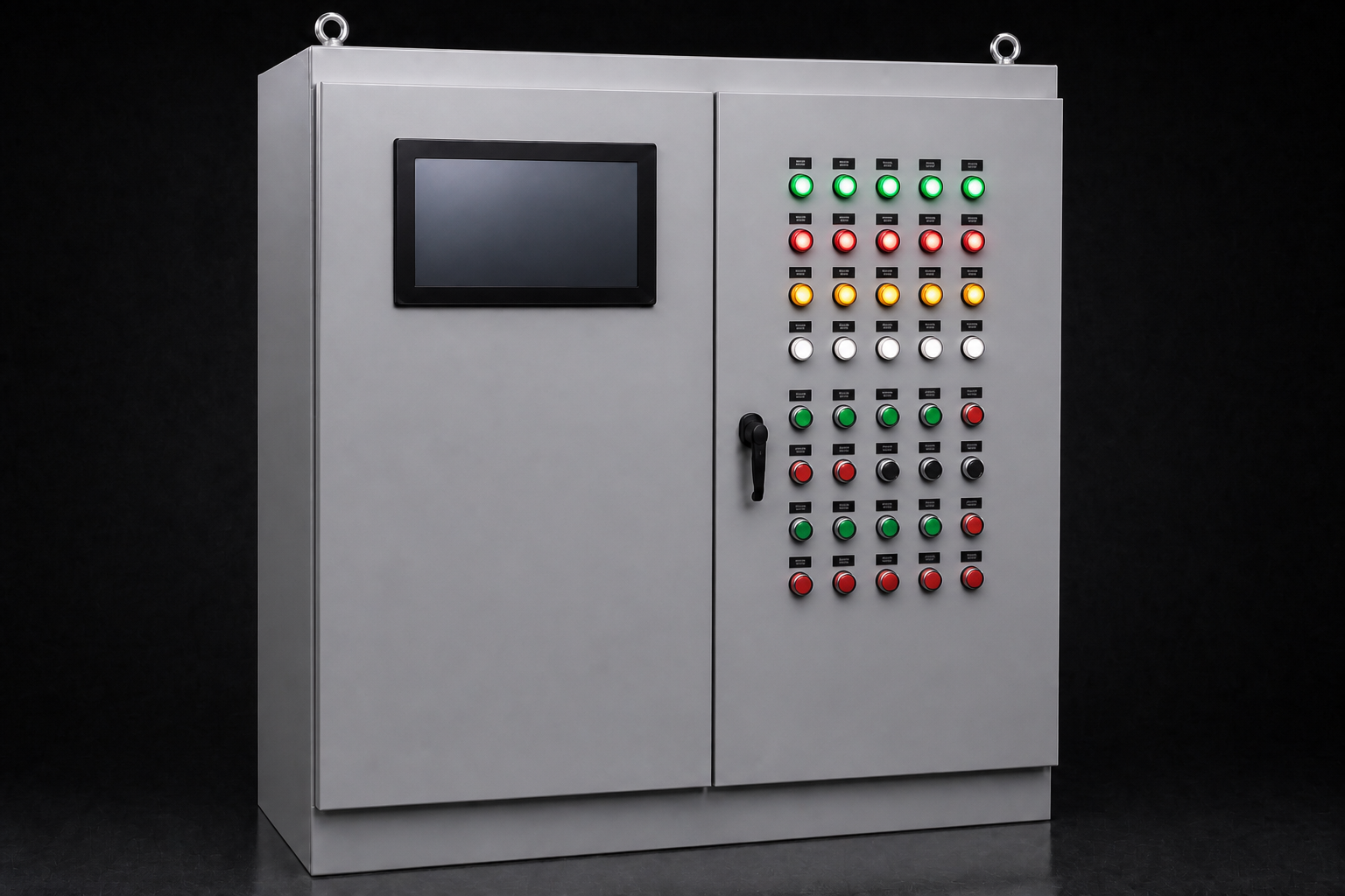 RAL 7001 automation panel with HMI, indicator lamps, and push buttons